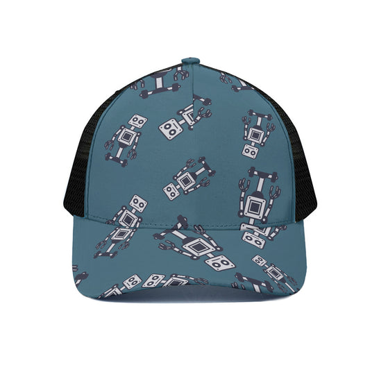 Robot Servant Pattern Print Black Mesh Trucker Cap