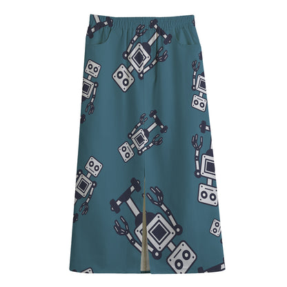 Robot Servant Pattern Print Cotton Front Slit Maxi Skirt