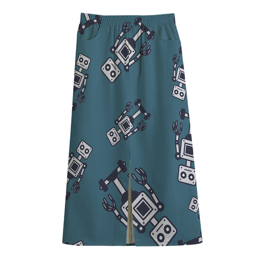 Robot Servant Pattern Print Cotton Front Slit Maxi Skirt