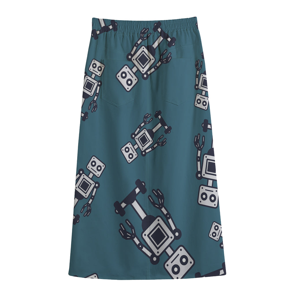 Robot Servant Pattern Print Cotton Front Slit Maxi Skirt