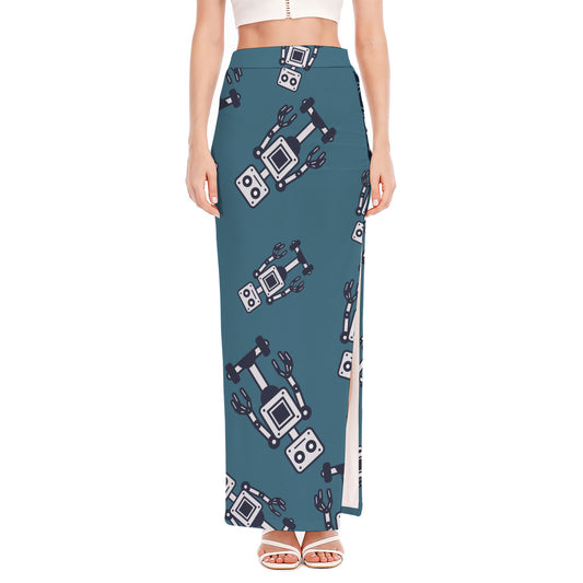 Robot Servant Pattern Print High Slit Maxi Skirt