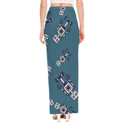 Robot Servant Pattern Print High Slit Maxi Skirt