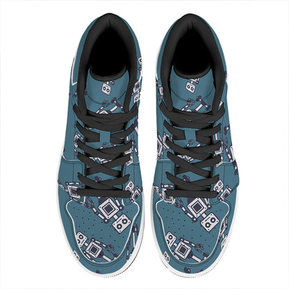 Robot Servant Pattern Print High Top Leather Sneakers