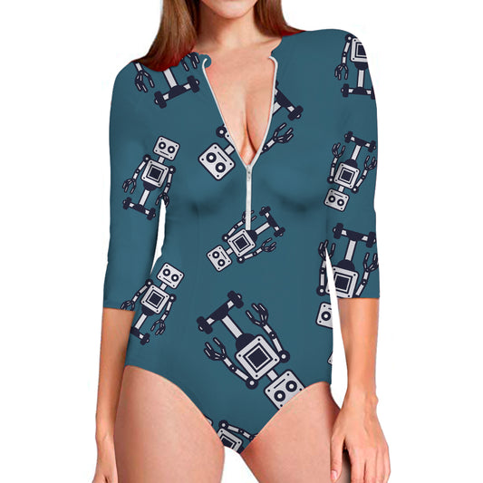 Robot Servant Pattern Print Long Sleeve Swimsuit