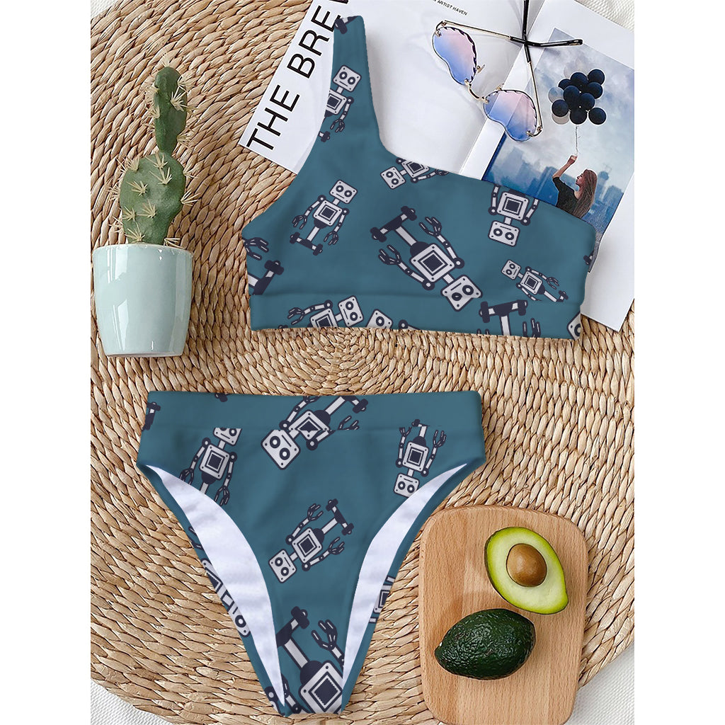 Robot Servant Pattern Print One Shoulder Bikini Top