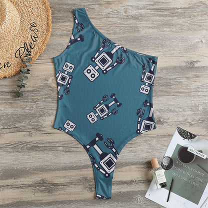 Robot Servant Pattern Print One Shoulder Bodysuit