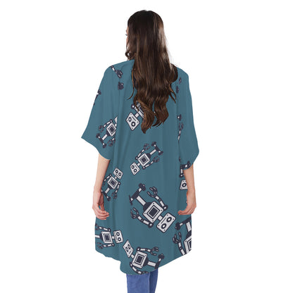Robot Servant Pattern Print Open Front Beach Cover Up