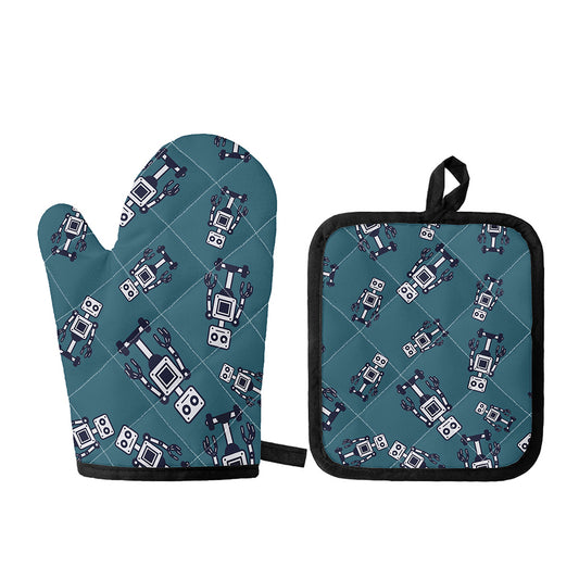 Robot Servant Pattern Print Oven Mitt And Pot Holder Set