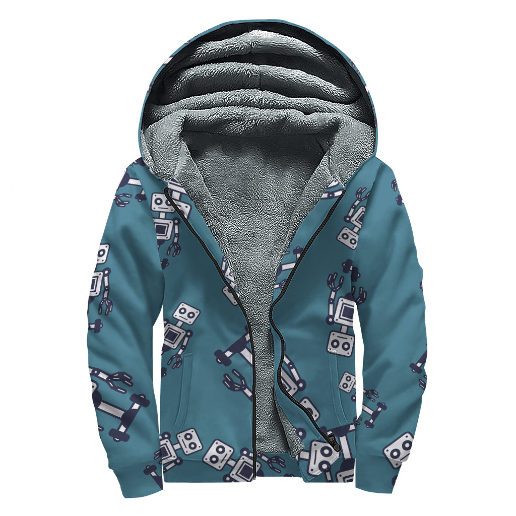 Robot Servant Pattern Print Sherpa Lined Zip Up Hoodie