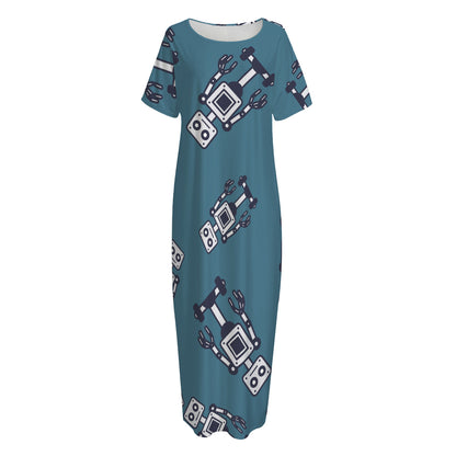 Robot Servant Pattern Print Short Sleeve Long Nightdress