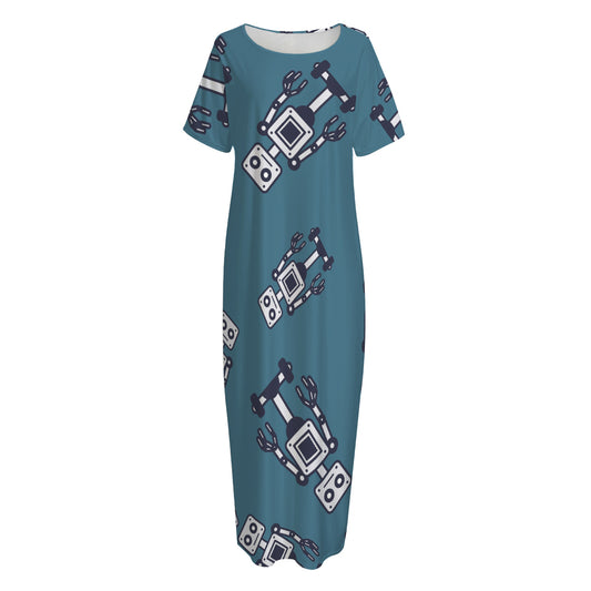 Robot Servant Pattern Print Short Sleeve Long Nightdress