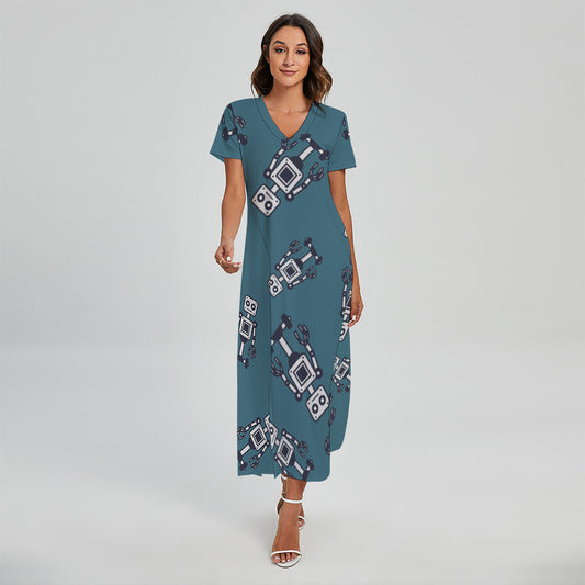 Robot Servant Pattern Print Short Sleeve Maxi Dress