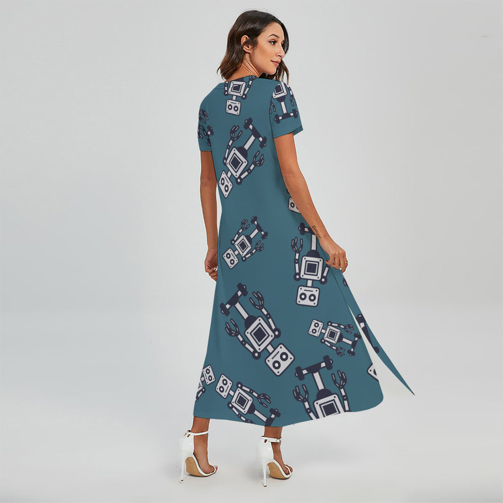 Robot Servant Pattern Print Short Sleeve Maxi Dress