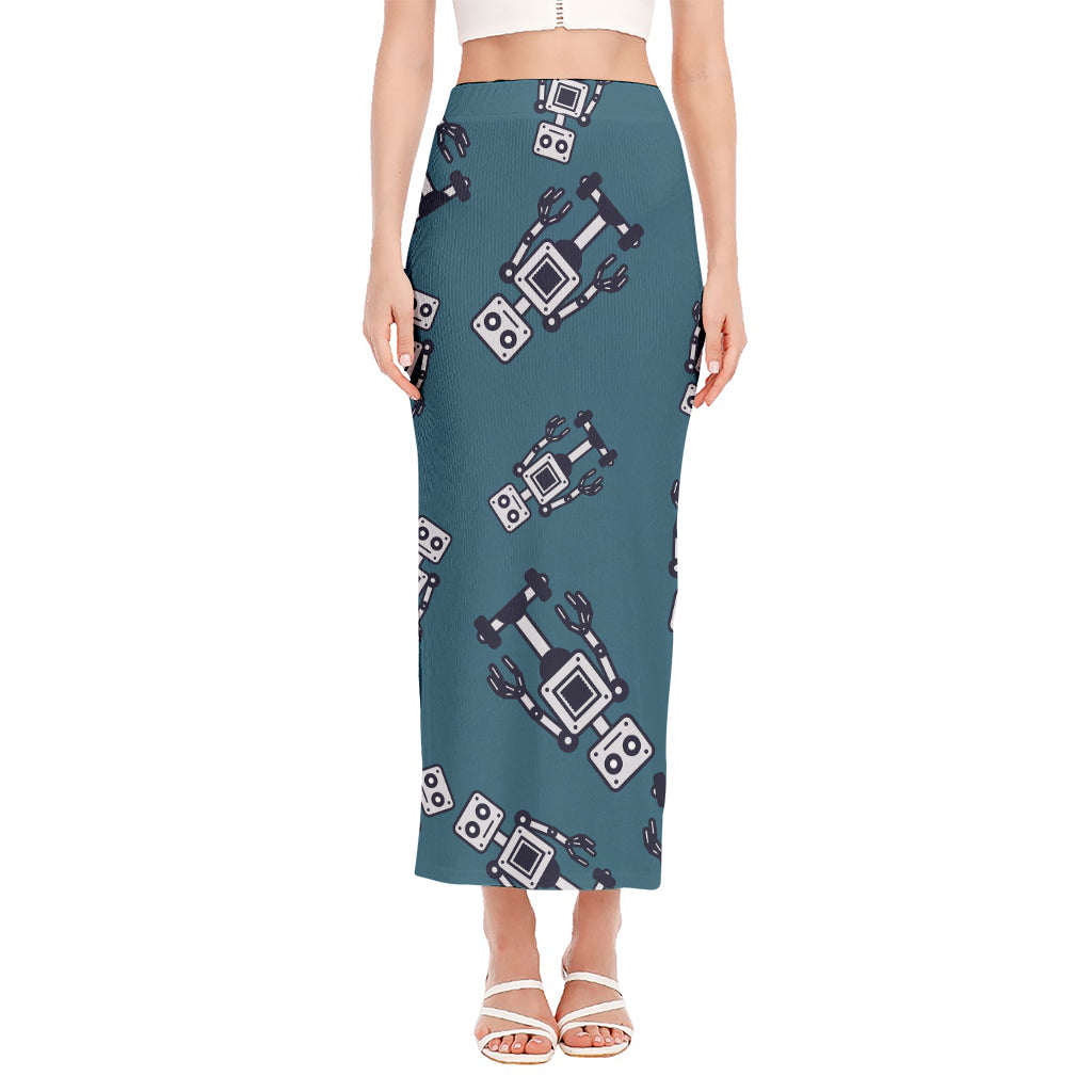 Robot Servant Pattern Print Side Slit Maxi Skirt