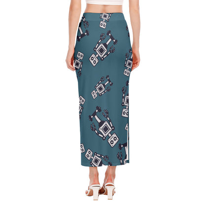 Robot Servant Pattern Print Side Slit Maxi Skirt