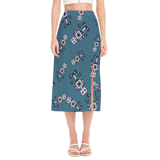 Robot Servant Pattern Print Side Slit Midi Skirt