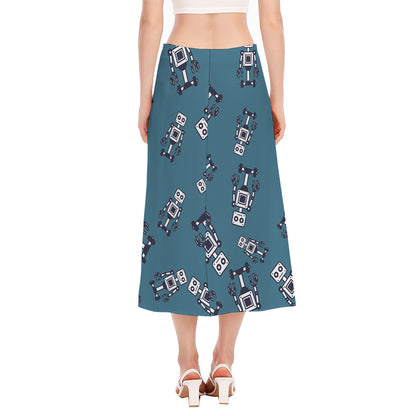 Robot Servant Pattern Print Side Slit Midi Skirt