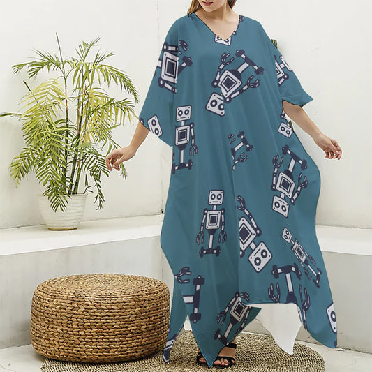 Robot Servant Pattern Print Silk V-Neck Kaftan Dress