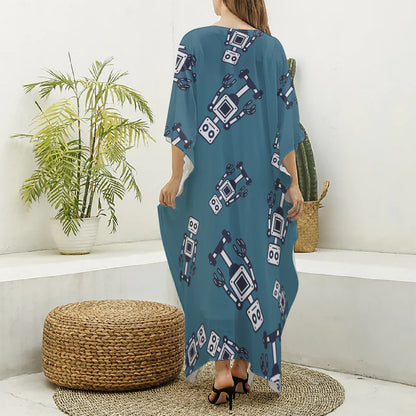 Robot Servant Pattern Print Silk V-Neck Kaftan Dress