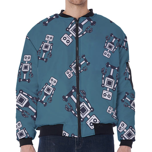 Robot Servant Pattern Print Zip Sleeve Bomber Jacket
