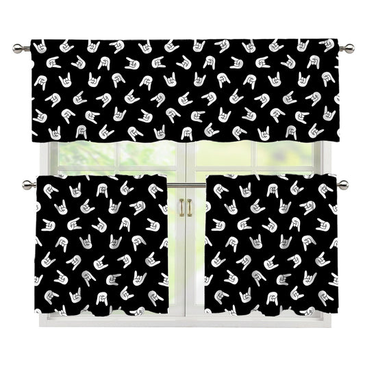 Rock And Roll Hand Sign Pattern Print 3 Piece Kitchen Curtains