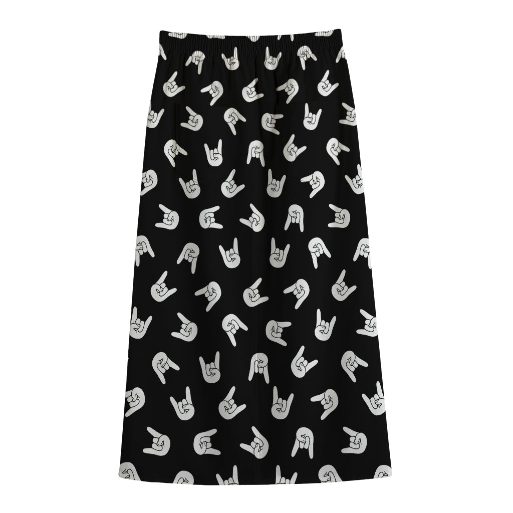 Rock And Roll Hand Sign Pattern Print Cotton Front Slit Maxi Skirt