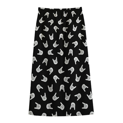 Rock And Roll Hand Sign Pattern Print Cotton Front Slit Maxi Skirt