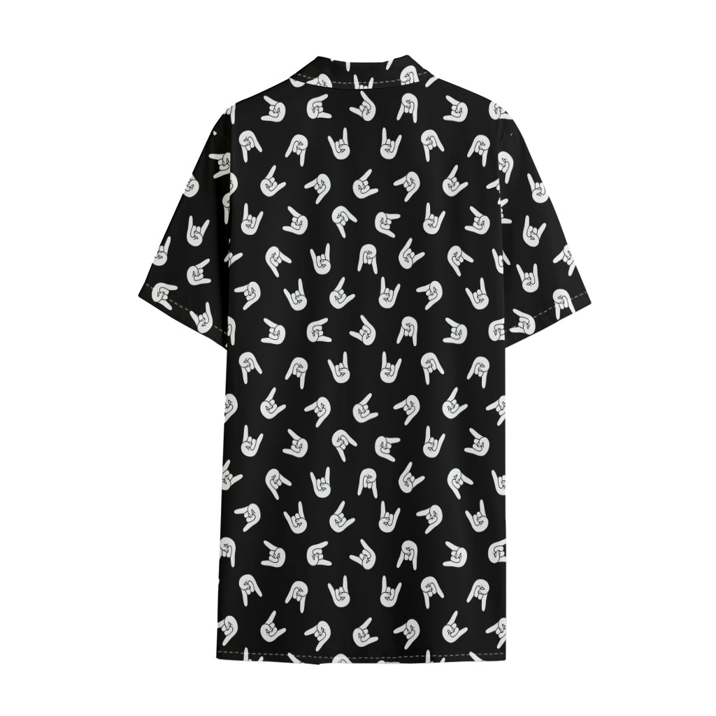 Rock And Roll Hand Sign Pattern Print Cotton Hawaiian Shirt