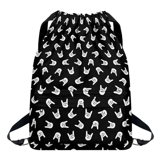 Rock And Roll Hand Sign Pattern Print Drawstring Backpack