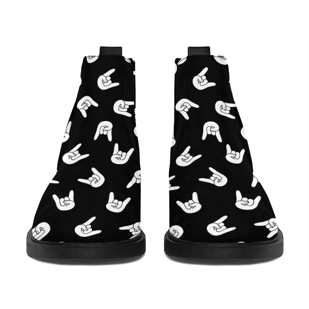 Rock And Roll Hand Sign Pattern Print Flat Ankle Boots