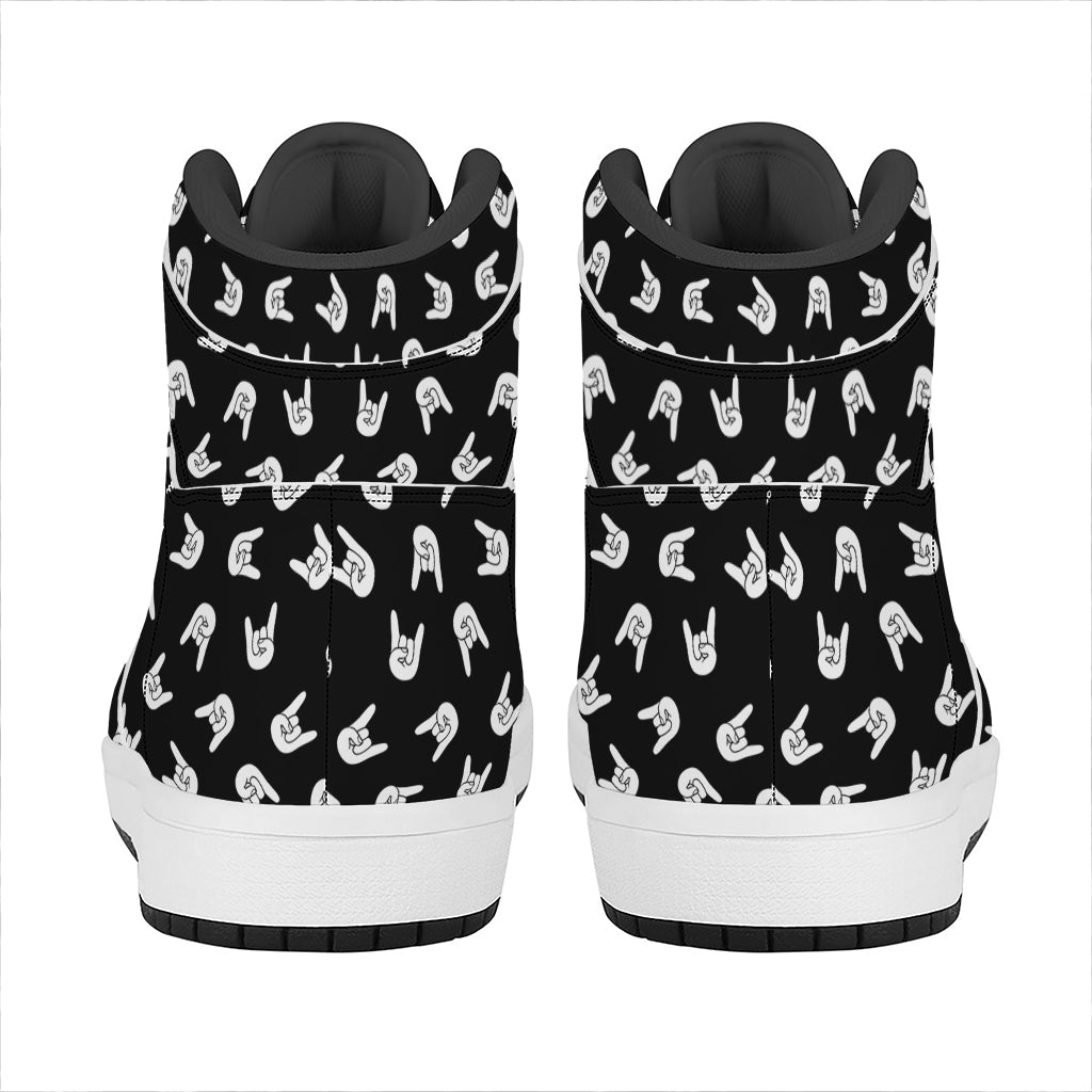 Rock And Roll Hand Sign Pattern Print High Top Leather Sneakers