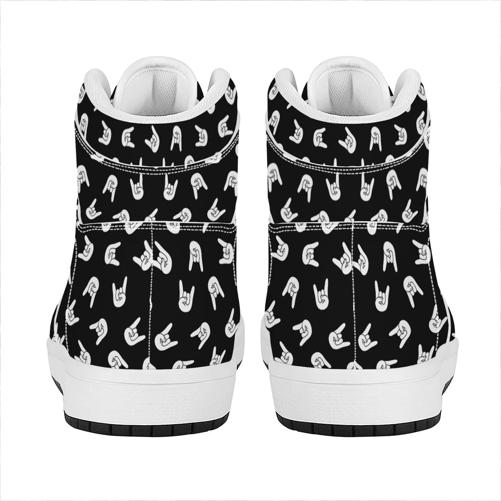 Rock And Roll Hand Sign Pattern Print High Top Leather Sneakers