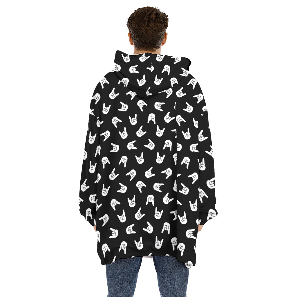 Rock And Roll Hand Sign Pattern Print Hoodie Blanket