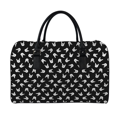 Rock And Roll Hand Sign Pattern Print Leather Duffle Bag