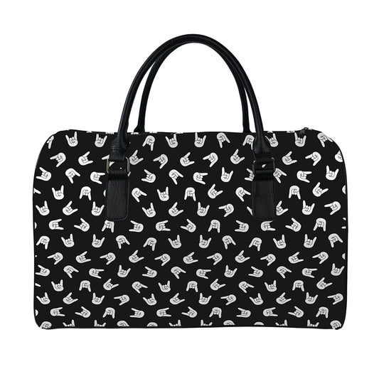 Rock And Roll Hand Sign Pattern Print Leather Duffle Bag