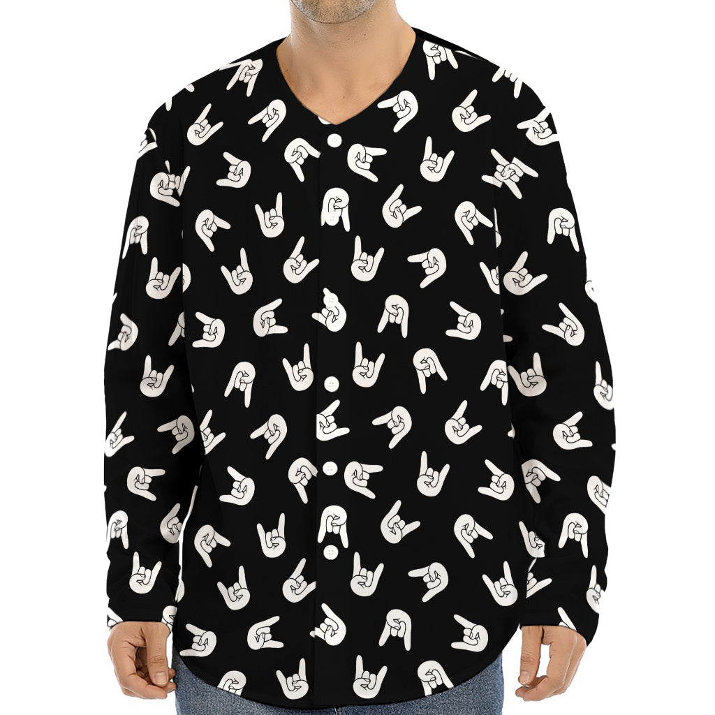 Rock And Roll Hand Sign Pattern Print Long Sleeve Baseball Jersey