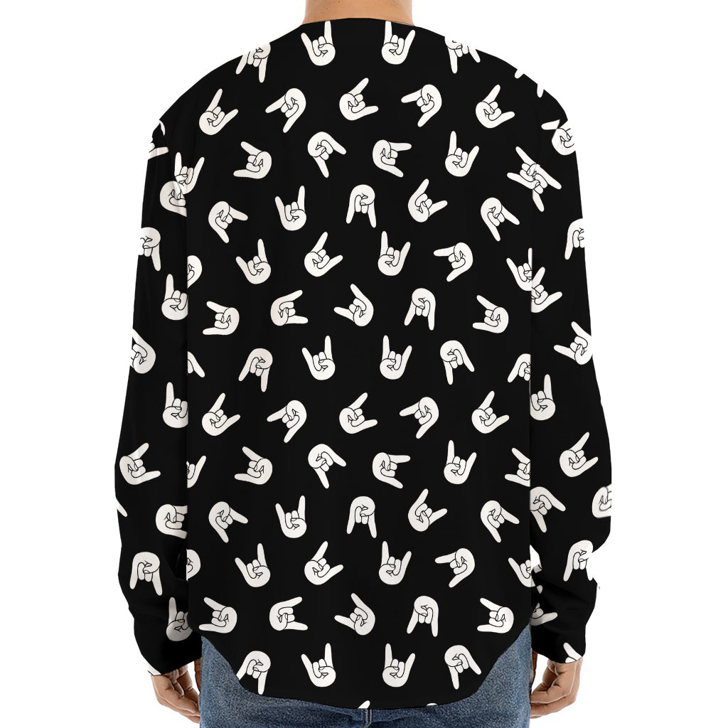 Rock And Roll Hand Sign Pattern Print Long Sleeve Baseball Jersey