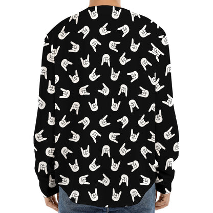 Rock And Roll Hand Sign Pattern Print Long Sleeve Baseball Jersey