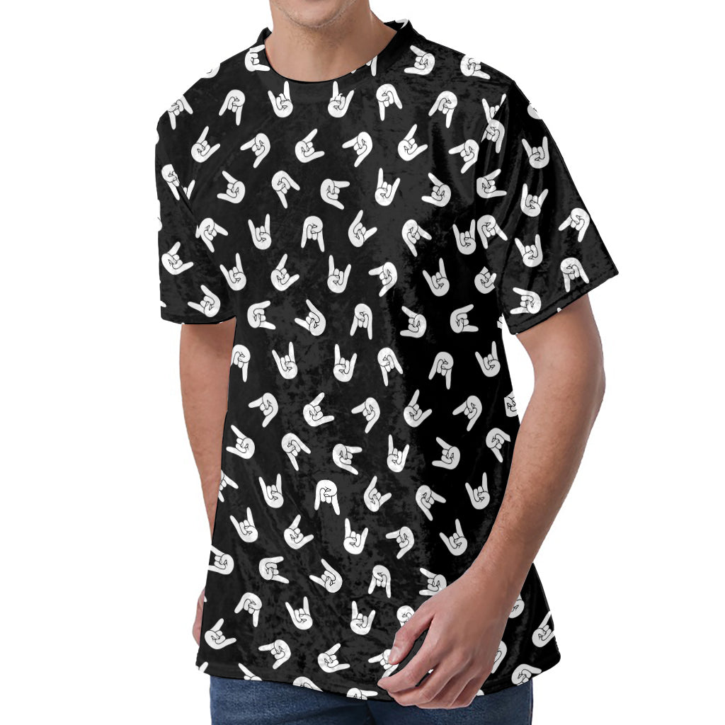 Rock And Roll Hand Sign Pattern Print Men's Velvet T-Shirt