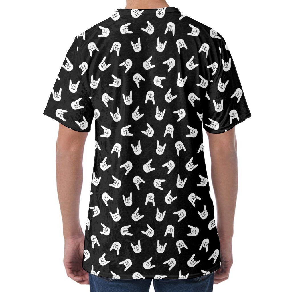 Rock And Roll Hand Sign Pattern Print Men's Velvet T-Shirt