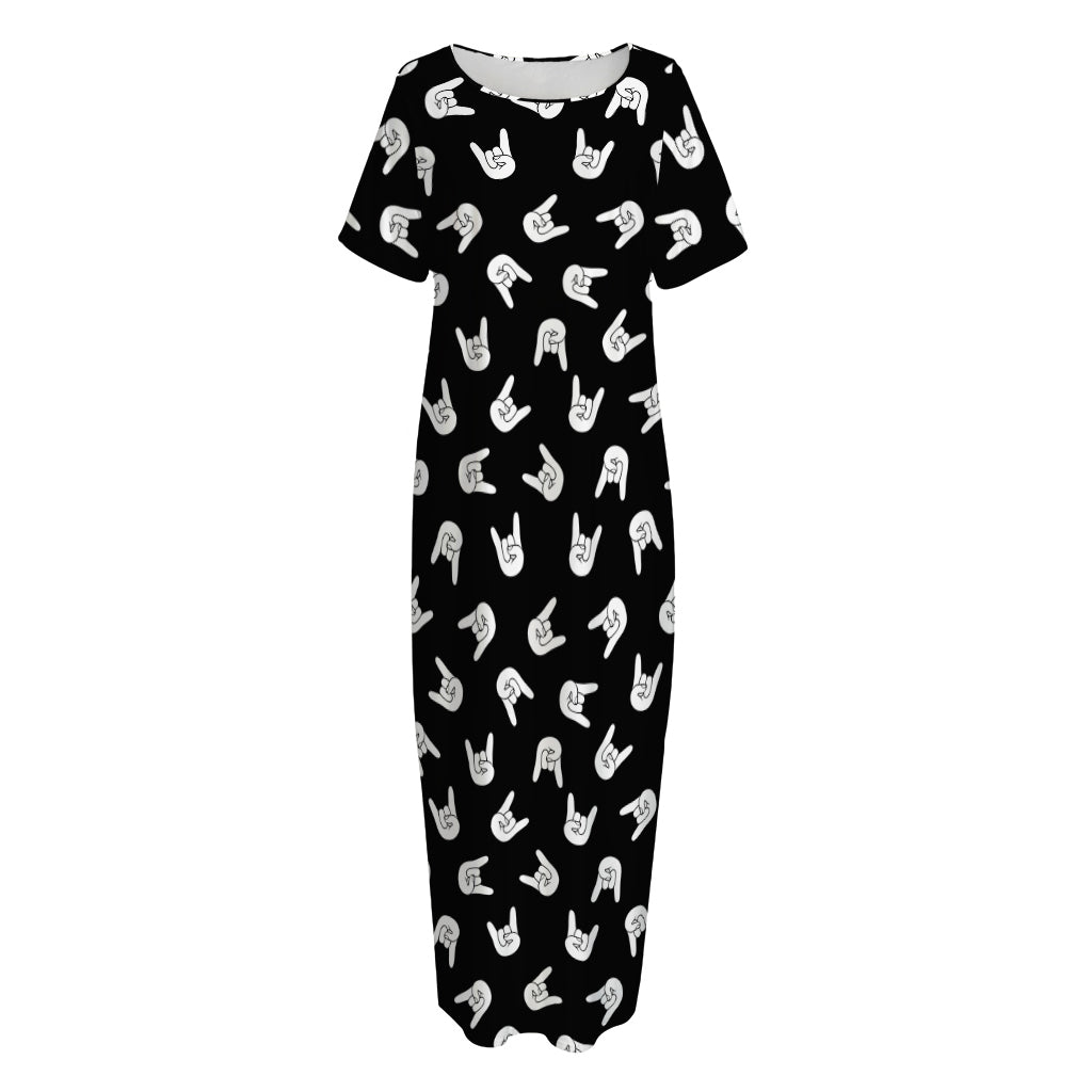 Rock And Roll Hand Sign Pattern Print Short Sleeve Long Nightdress