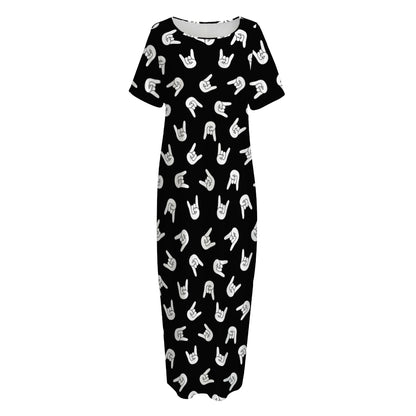 Rock And Roll Hand Sign Pattern Print Short Sleeve Long Nightdress