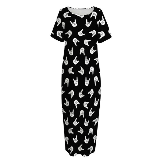 Rock And Roll Hand Sign Pattern Print Short Sleeve Long Nightdress
