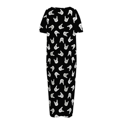 Rock And Roll Hand Sign Pattern Print Short Sleeve Long Nightdress