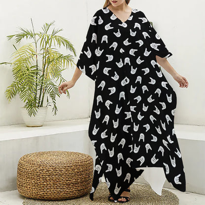 Rock And Roll Hand Sign Pattern Print Silk V-Neck Kaftan Dress