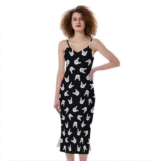 Rock And Roll Hand Sign Pattern Print Slim Fit Midi Cami Dress