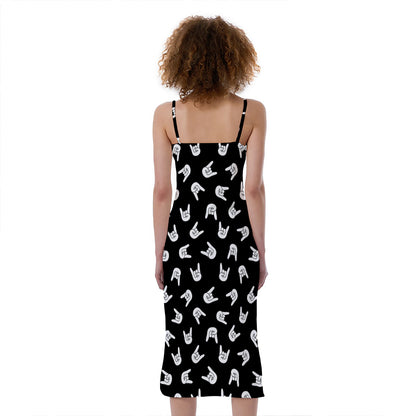 Rock And Roll Hand Sign Pattern Print Slim Fit Midi Cami Dress
