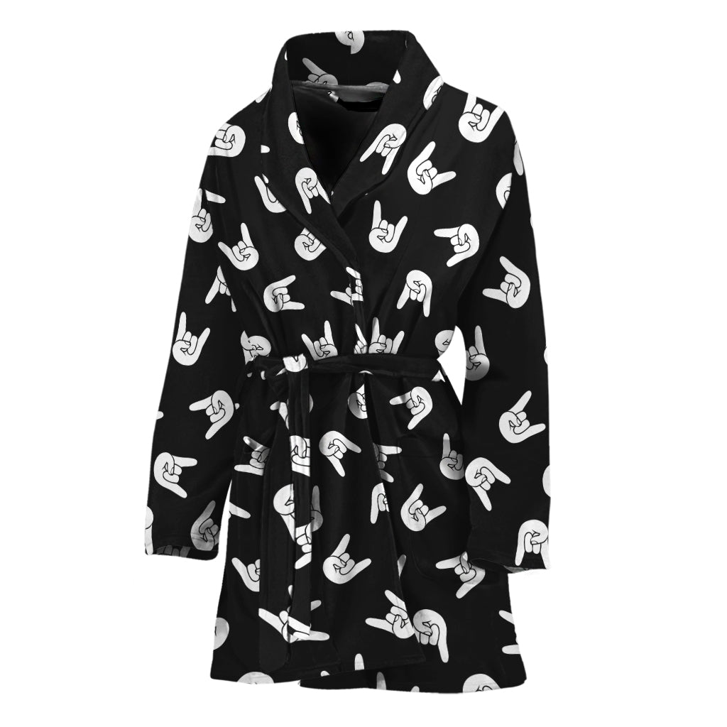 Rock And Roll Hand Sign Pattern Print Women's Bathrobe