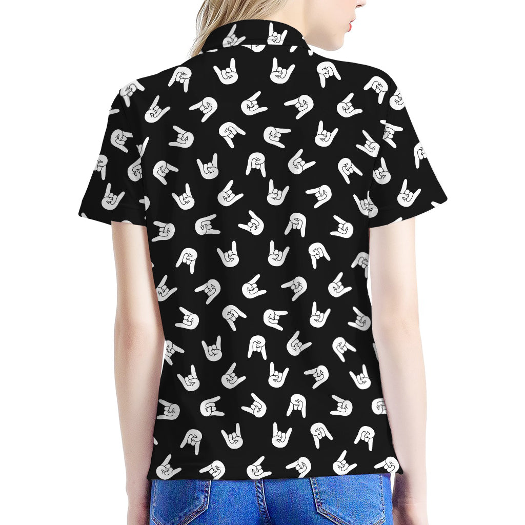 Rock And Roll Hand Sign Pattern Print Women's Polo Shirt