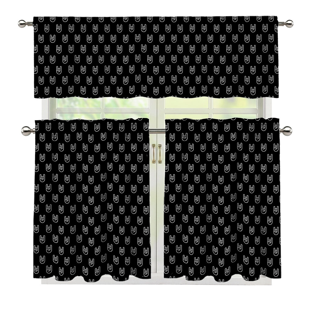 Rock And Roll Hand Symbol Pattern Print 3 Piece Kitchen Curtains